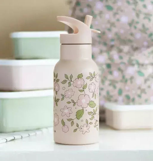 A Little Lovely Company Kids Water Bottle Thermos Butterfly Stainless Steel with Straw Non Spill Blossoms Pink 350ml