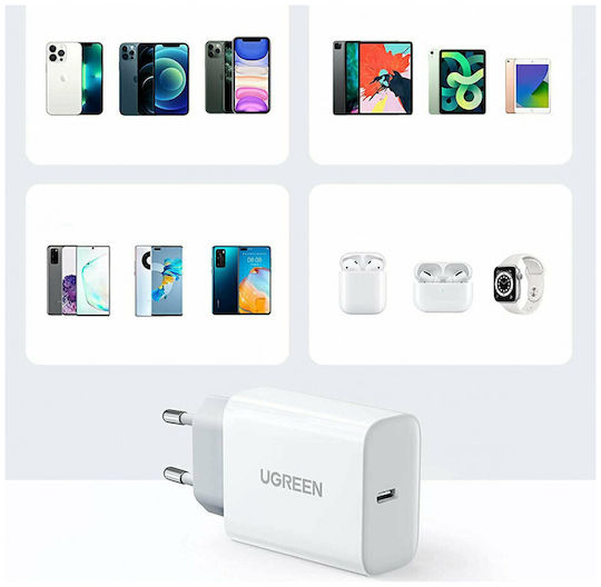 Ugreen Charger with USB-C Port and USB-C - Lightning Cable 20W Power Delivery / Quick Charge 4.0 White (CD137)