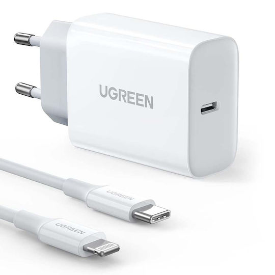 Ugreen Charger with USB-C Port and USB-C - Lightning Cable 20W Power Delivery / Quick Charge 4.0 White (CD137)