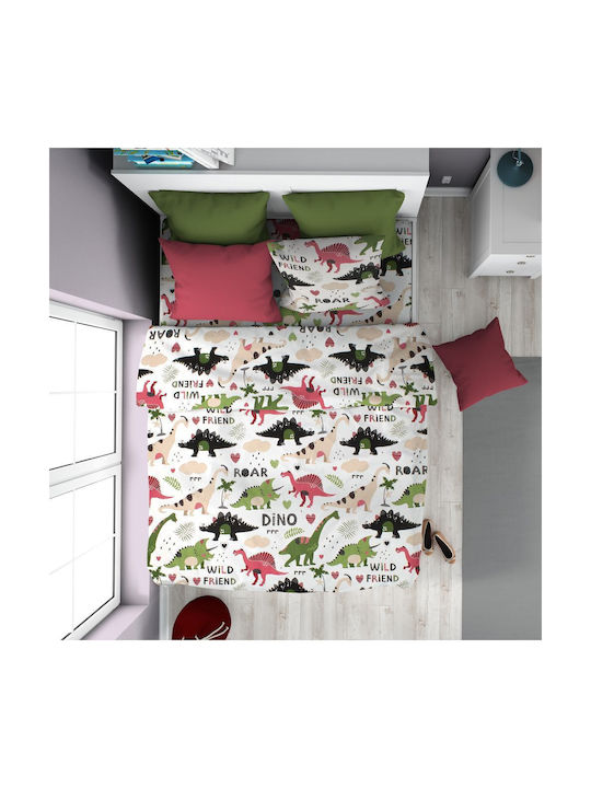 Dimcol Σετ Σεντόνια Ημίδιπλα Βαμβακερά Dinosaur 518 Multi 160x240cm 2τμχ