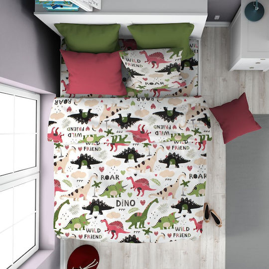 Dimcol Σετ Σεντόνια Ημίδιπλα Βαμβακερά Dinosaur 518 Multi 160x240cm 2τμχ