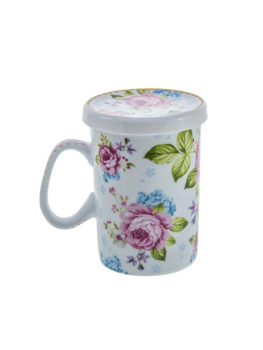 Karvounis Floral Flowers Tasse aus Porzellan mit Deckel Bunt 1Stück