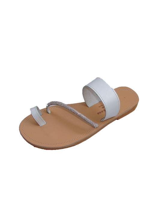 Sandale plate din piele lucrate manual cu sclipici de culoare albă