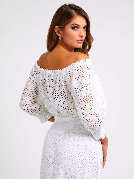 Guess Women's Summer Crop Top Off-Shoulder Cotton Long Sleeve White