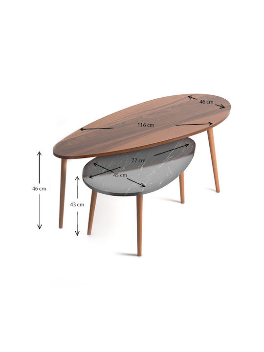 Oval Central Coffee Table Elips Wooden Walnut / Black 2pcs L116xW46xH46cm