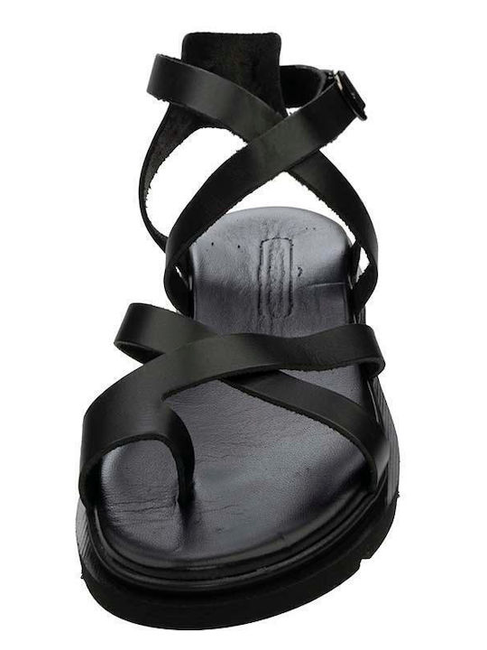 BQR Leather Women's Flat Sandals with Strap in Black Color