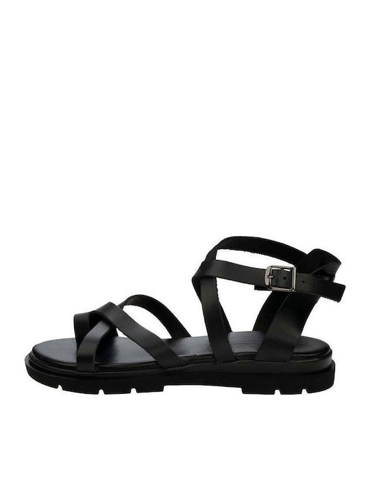 BQR Leather Women's Flat Sandals with Strap in Black Color