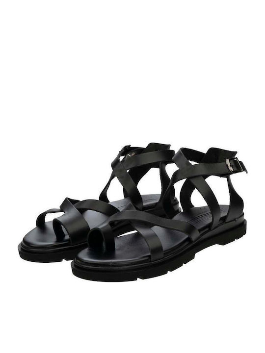 BQR Leather Women's Flat Sandals with Strap in Black Color