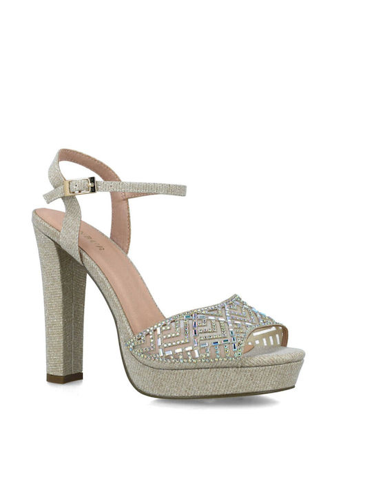 Menbur Platform Women's Sandals with Strass Gold with Chunky High Heel 23685-00