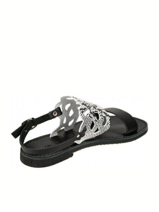 Kouros Leather Women's Flat Sandals with Strap in Black Color