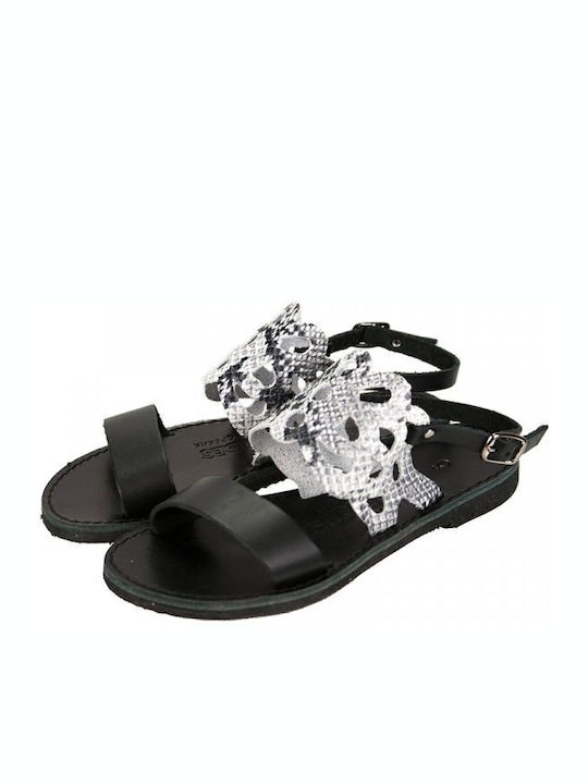 Leather Women's Flat Sandals with Strap in Black Color