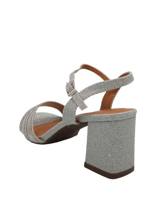 B-Soft Women's Sandals Silver with Chunky Medium Heel