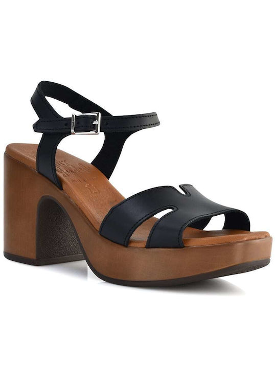 Oh My Sandals Δερμάτινα Γυναικεία Πέδιλα Ανατομικά με Χοντρό Ψηλό Τακούνι σε Μαύρο Χρώμα