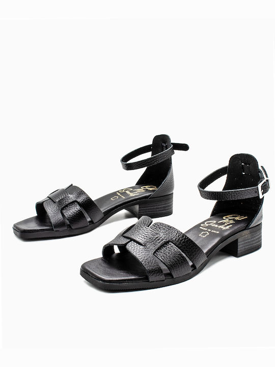 Oh My Sandals Leather Women's Sandals with Ankle Strap Black with Chunky Low Heel