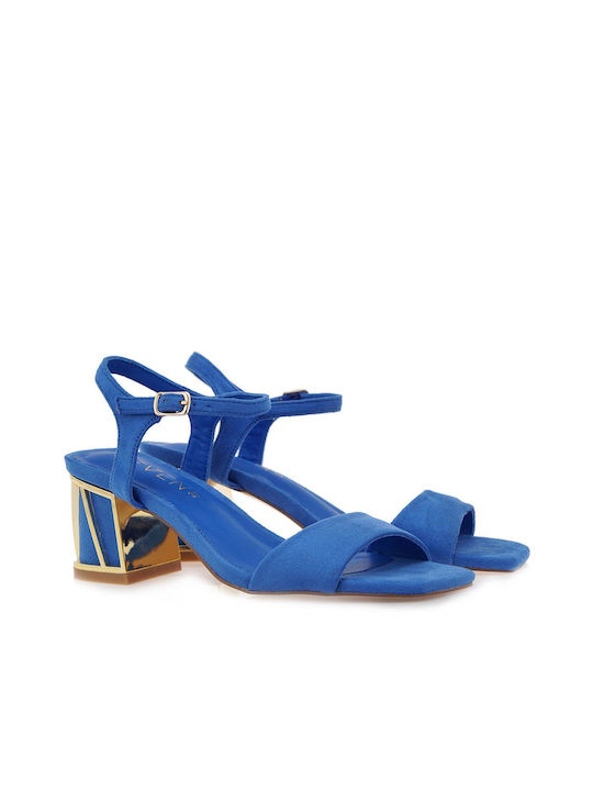 Seven Fabric Women's Sandals Blue with Chunky Medium Heel