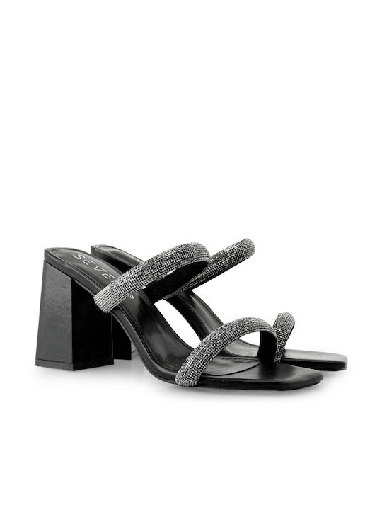 Seven Fabric Women's Sandals with Strass Black with Chunky High Heel