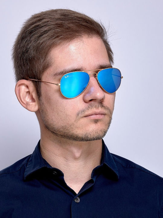 Ray Ban Aviator Unisex Γυαλιά Ηλίου με Χρυσό Μεταλλικό Σκελετό και Γαλάζιο Καθρέφτη Φακό