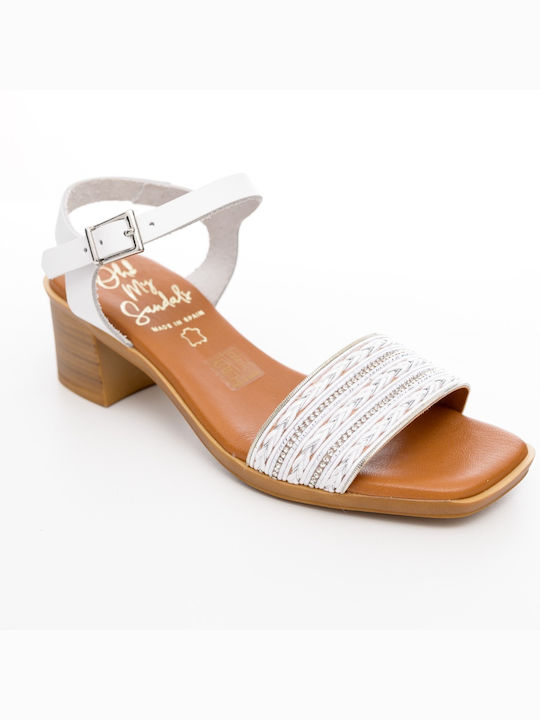 Oh My Sandals Leather Women's Sandals 5171 White with Chunky Medium Heel