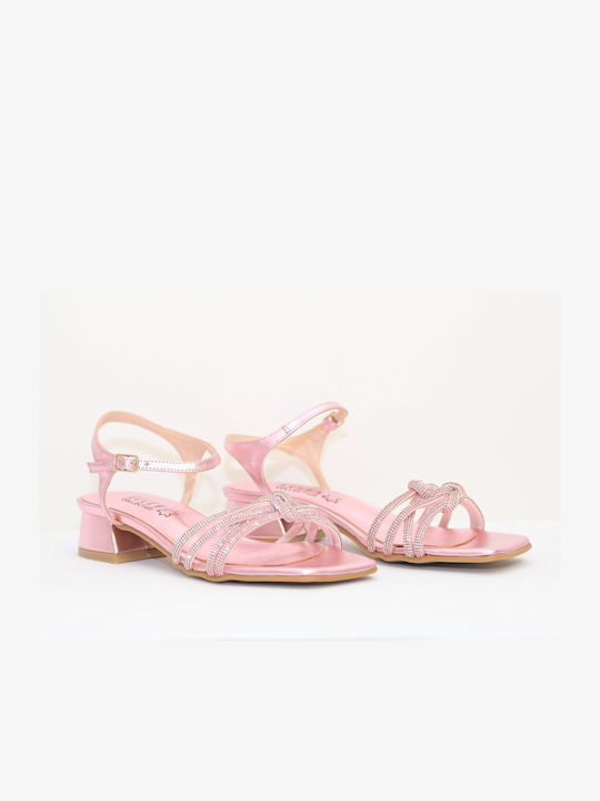 Ellen Synthetic Leather Women's Sandals with Strass Pink with Chunky Low Heel