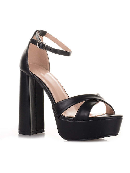 Famous Shoes Platform Synthetic Leather Women's Sandals Black with Chunky High Heel