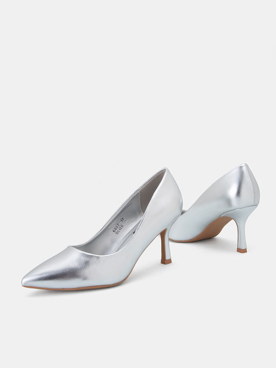 Bozikis Synthetic Leather Pointed Toe Silver Medium Heels