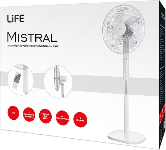 Life Mistral Ανεμιστήρας Ορθοστάτης 50W Διαμέτρου 40cm με Τηλεχειριστήριο Λευκός