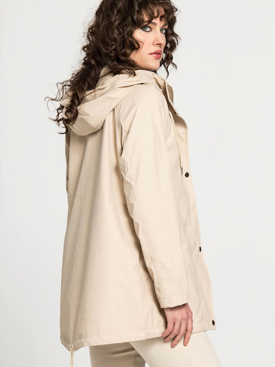 Matis Fashion Women's Long Parka Jacket Waterproof and Windproof for Spring or Autumn with Hood Beige