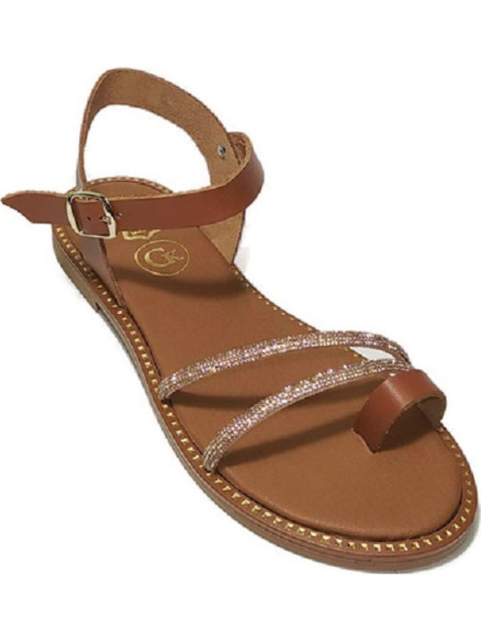 Leather Women's Flat Sandals with Strap in Tabac Brown Color
