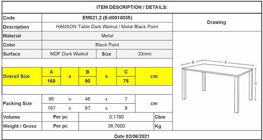 Masa Pentru Sala De Mese Hanson 160x90x75cm Masa Pentru Sala De Mese Hanson 160x90x75cm