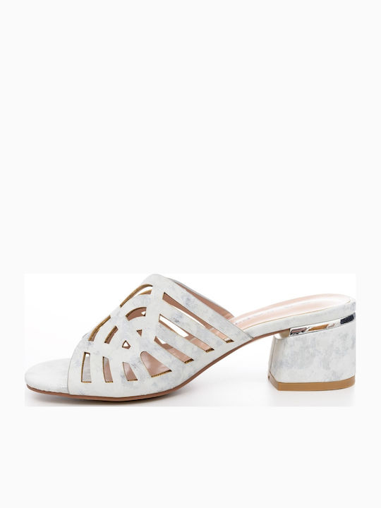 Mules with Chunky Low Heel in White Color
