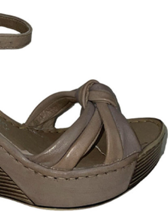 Women's Leather Ankle Strap Platforms Beige 2-28006-20 244