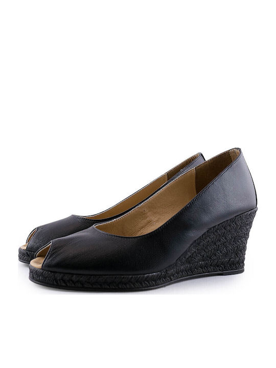 Women's Leather Peep Toe Platforms Black