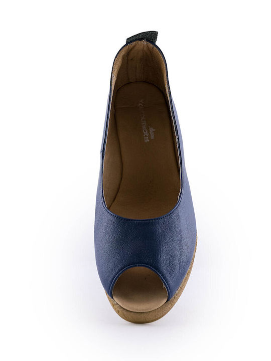 Women's Leather Peep Toe Platforms Navy Blue