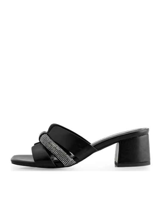 Leather Mules with Chunky Low Heel in Black Color