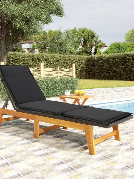 Deckchair Rattan with Cushion Black with Table 2pcs 200x54x87cm.