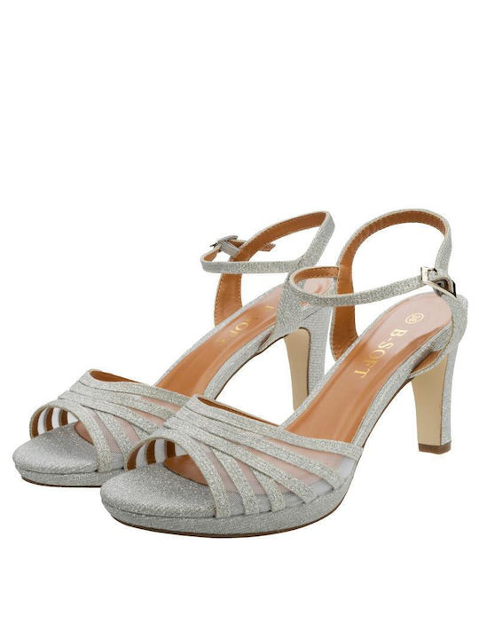 B-Soft Platform Synthetic Leather Women's Sandals with Strass & Ankle Strap Silver with Chunky High Heel