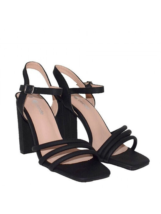 Blondie Synthetic Leather Women's Sandals with Ankle Strap Black with Chunky High Heel