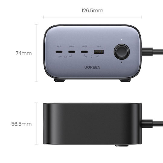 Ugreen Charger with Built-in Cable GaN with USB-A Port and 3 USB-C Ports 100W Power Delivery Quick Charge 3.0 Quick Charge 4+ Gray (CD270 Power Strip)