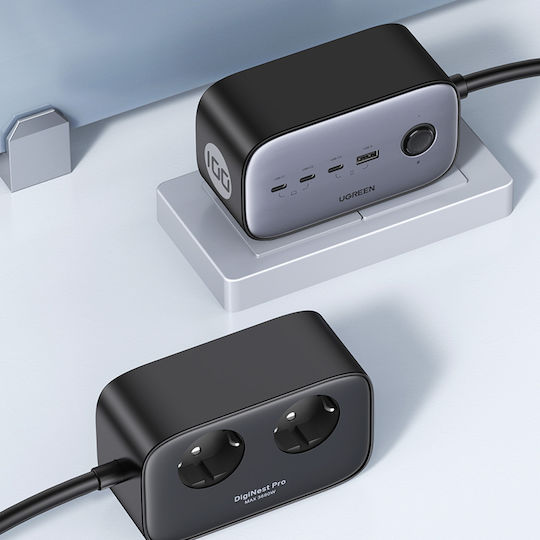 Ugreen Charger with Built-in Cable GaN with USB-A Port and 3 USB-C Ports 100W Power Delivery Quick Charge 3.0 Quick Charge 4+ Gray (CD270 Power Strip)