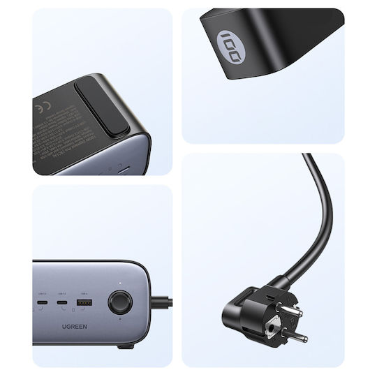 Ugreen Charger with Built-in Cable GaN with USB-A Port and 3 USB-C Ports 100W Power Delivery Quick Charge 3.0 Quick Charge 4+ Gray (CD270 Power Strip)