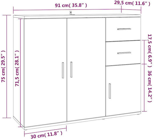 Sideboard Wooden with Drawers White 91x29.5x75cm