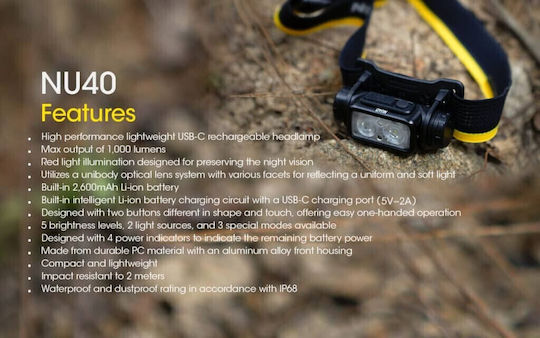 NiteCore Rechargeable Headlamp LED IP68 with Maximum Brightness 1000lm NU40 Black