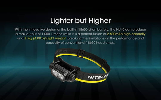 NiteCore Rechargeable Headlamp LED IP68 with Maximum Brightness 1000lm NU40 Black