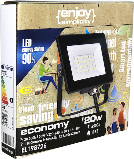 Elvhx Αδιάβροχος LED Προβολέας 20W Студено бяло 6500К IP65