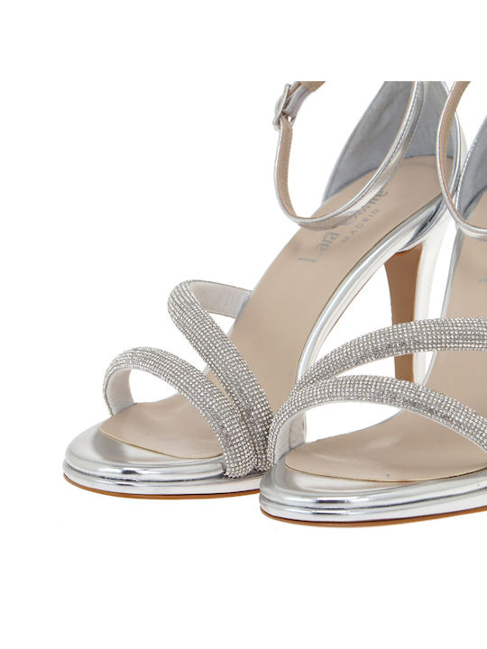 Stoff Damen Sandalen mit Dünn hohem Absatz in Silber Farbe