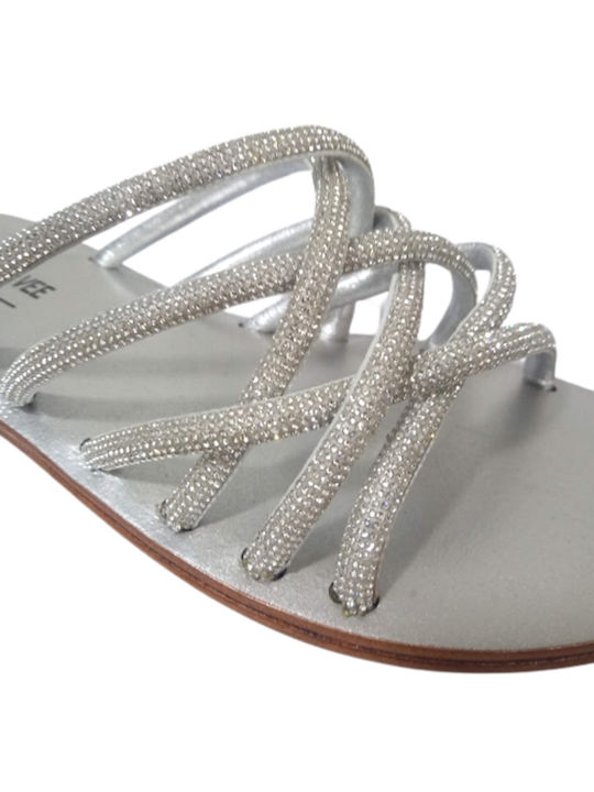 EMANUELLE VEE POSITANO MIGNON/STRASS SILVER Women's Flat Sandals 100% Leather