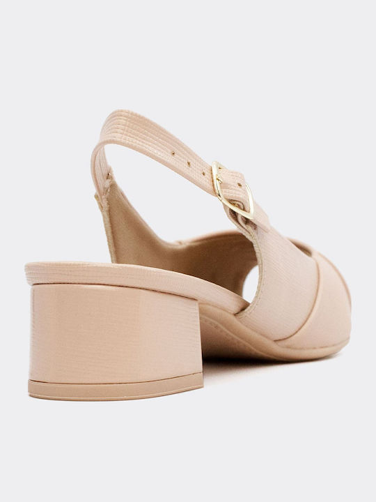 Leder Peeptoe Pumps mit Riemchen & flacher Absatz Beige