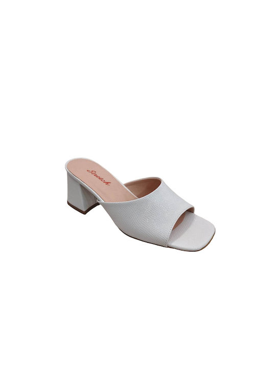 Damen Mules mit klobigem niedrigem Absatz stretch 54 WEISS