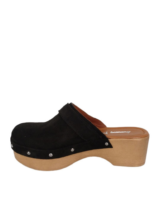 Leather Mules with Chunky Low Heel in Black Color