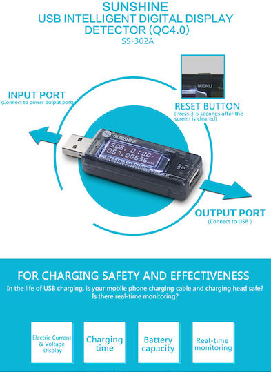 Sunshine USB Voltage & Current Meter SS-302A Tester για Service Κινητών